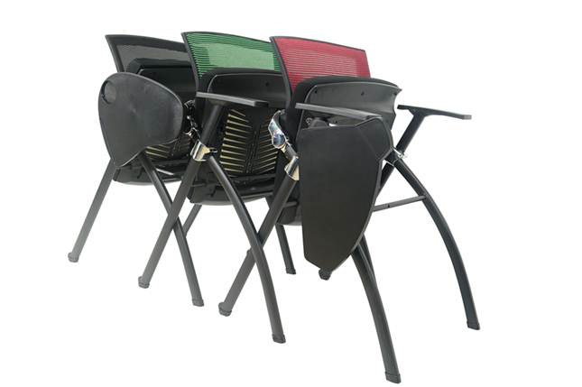 帶寫(xiě)字板折疊培訓椅的椅座可翻起90°，方便疊放在一起